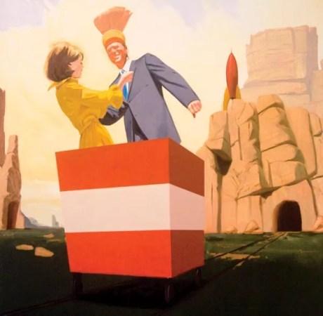 Brian Brown’s paintings juxtapose cheerful mid-century imagery with ominous elements.