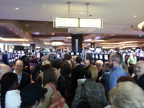 Rivers Casino employees and local elected leaders gathered in lobby of the Rivers Casino this morning to deliver a petition to casino management.