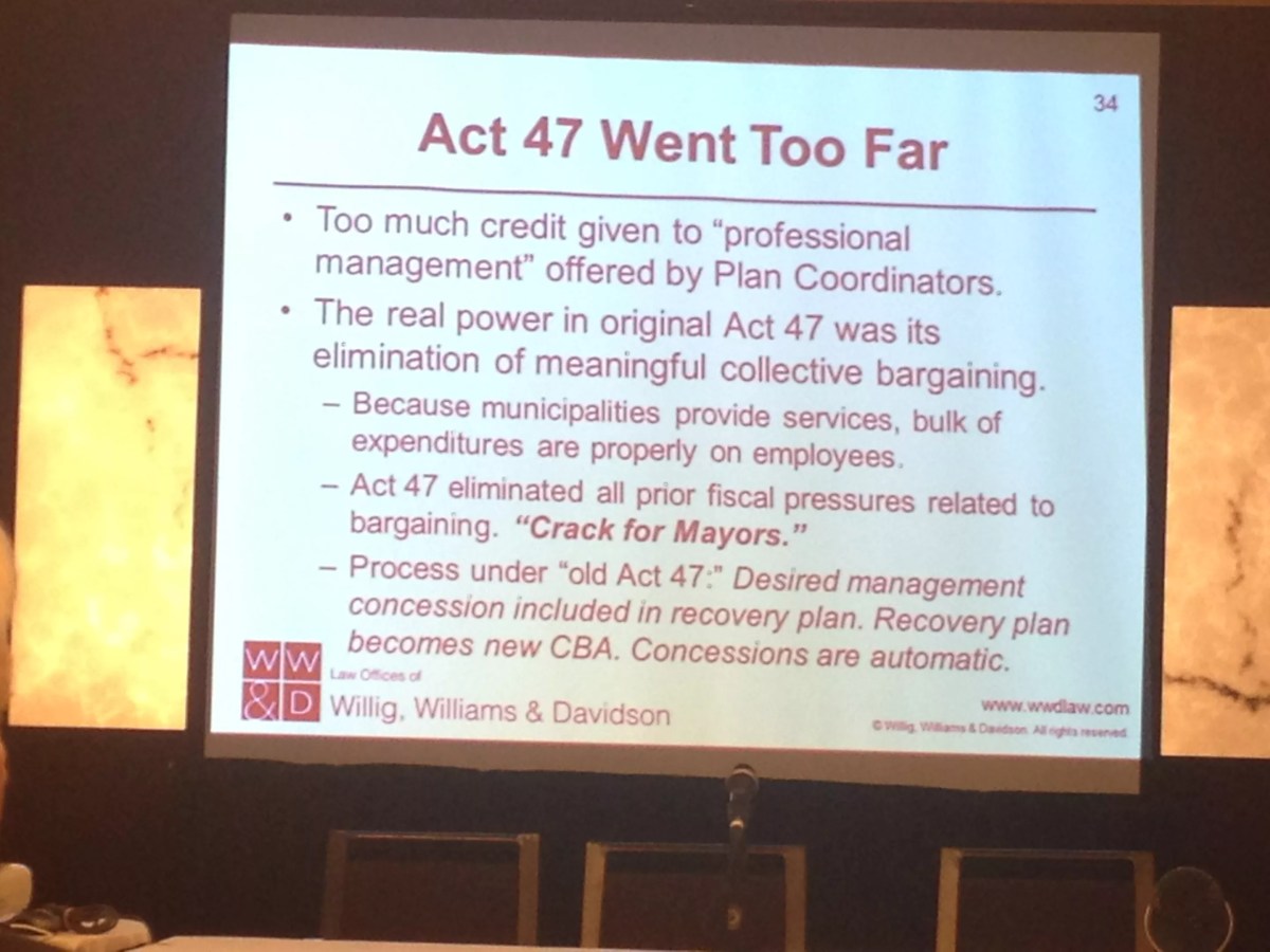 Police union gives opening arbitration presentation, compares Act 47 to “crack for mayors”