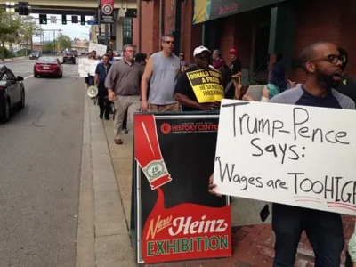 Pittsburgh group protests vice-presidential nominee Mike Pence’s workers’-rights history and policies