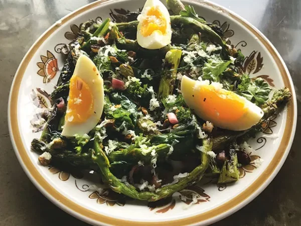 Grilled asparagus with ramps, hard-boiled egg and horseradish