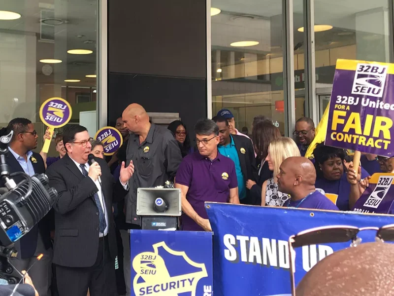 Pittsburgh Mayor Bill Peduto and Lt. Gov. candidate John Fetterman rally for security officers