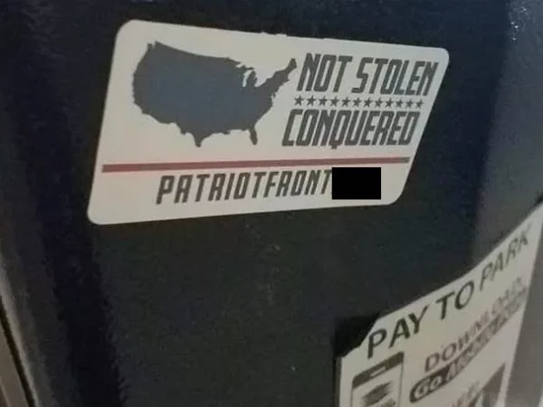 White nationalism stickers posted outside Belvederes in Lawrenceville