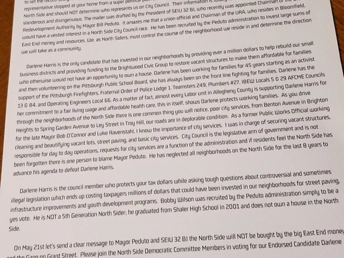 Pro-Darlene Harris mailer accuses Peduto, Bobby Wilson of trying to buy election with “East End money”