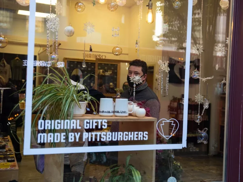 Holiday window displays throughout Downtown and the Strip District support local artists and causes