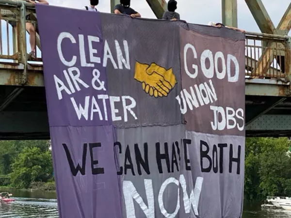 Banner hung from Beaver County bridge denounces Shell cracker plant