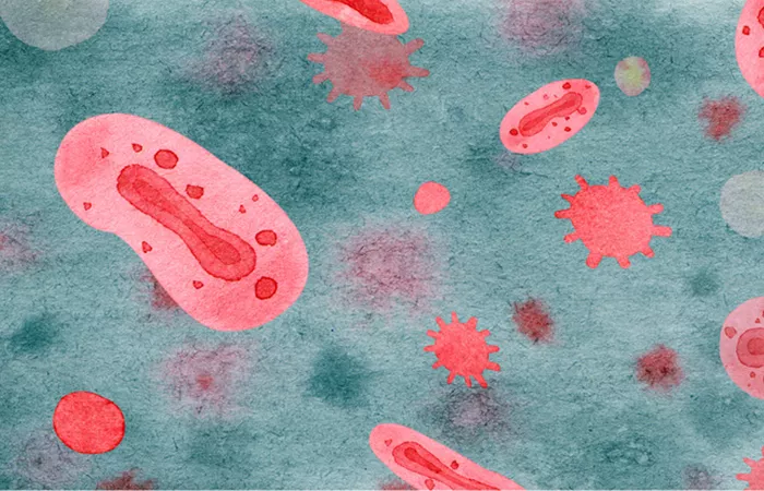 A watercolor illustration of red organic molecules against a blue background