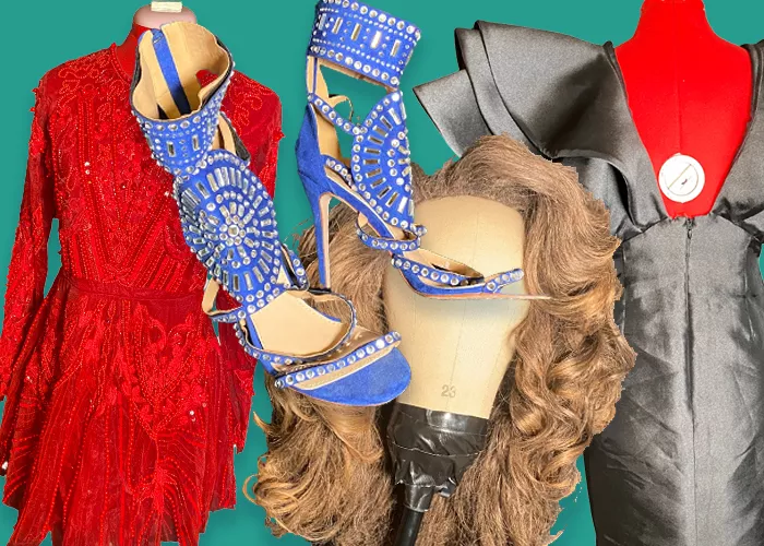 A collage of a sparkling red dress, a long blonde wig, blue and silver bejeweled high heel shoes, and a shiny dark dress with large puffy shoulders