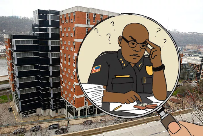 A man trying to do math as question marks float around his head is drawn inside a magnifying glass. Behind the illustration is a photograph of the exterior of a jail