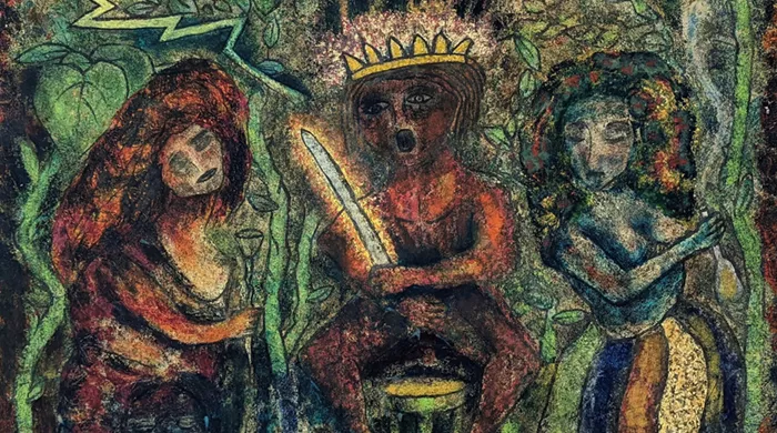 A painting by Jorge Hidalgo Pimentel depicts three figures, one in a crown and holding a sword.