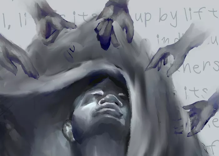 A watercolor painting in grey and blue portrays a series of words and hands, all surrounding a face partially covered by a blanket.