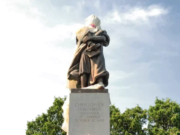 Schenley Park’s veiled Columbus statue is losing its covering as legal challenges hold up removal