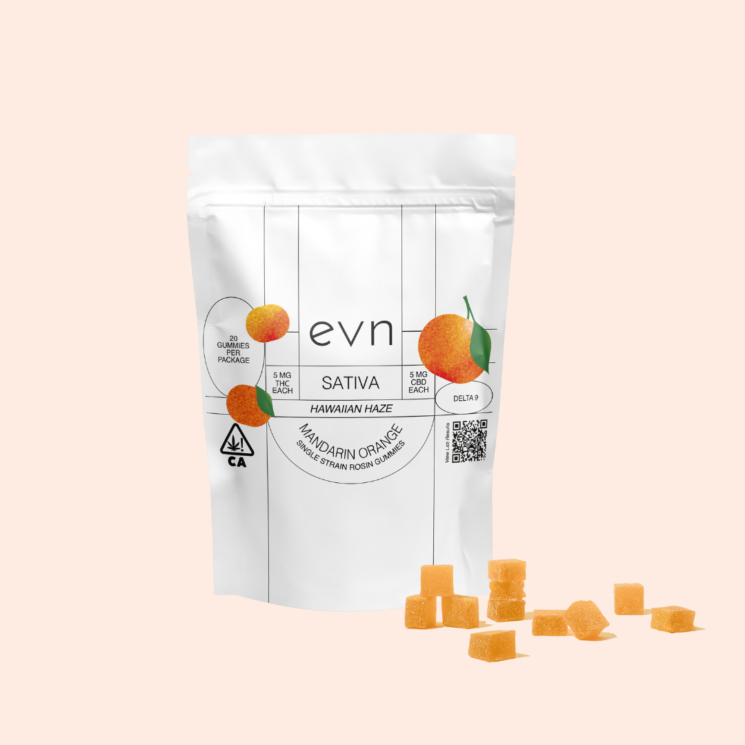 Pale beige background, white bag of Delta 9 gummies that says: 