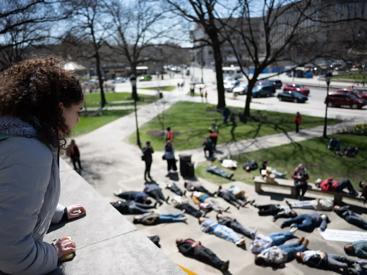 Pro-Palestine protestors demonstrate a die-in