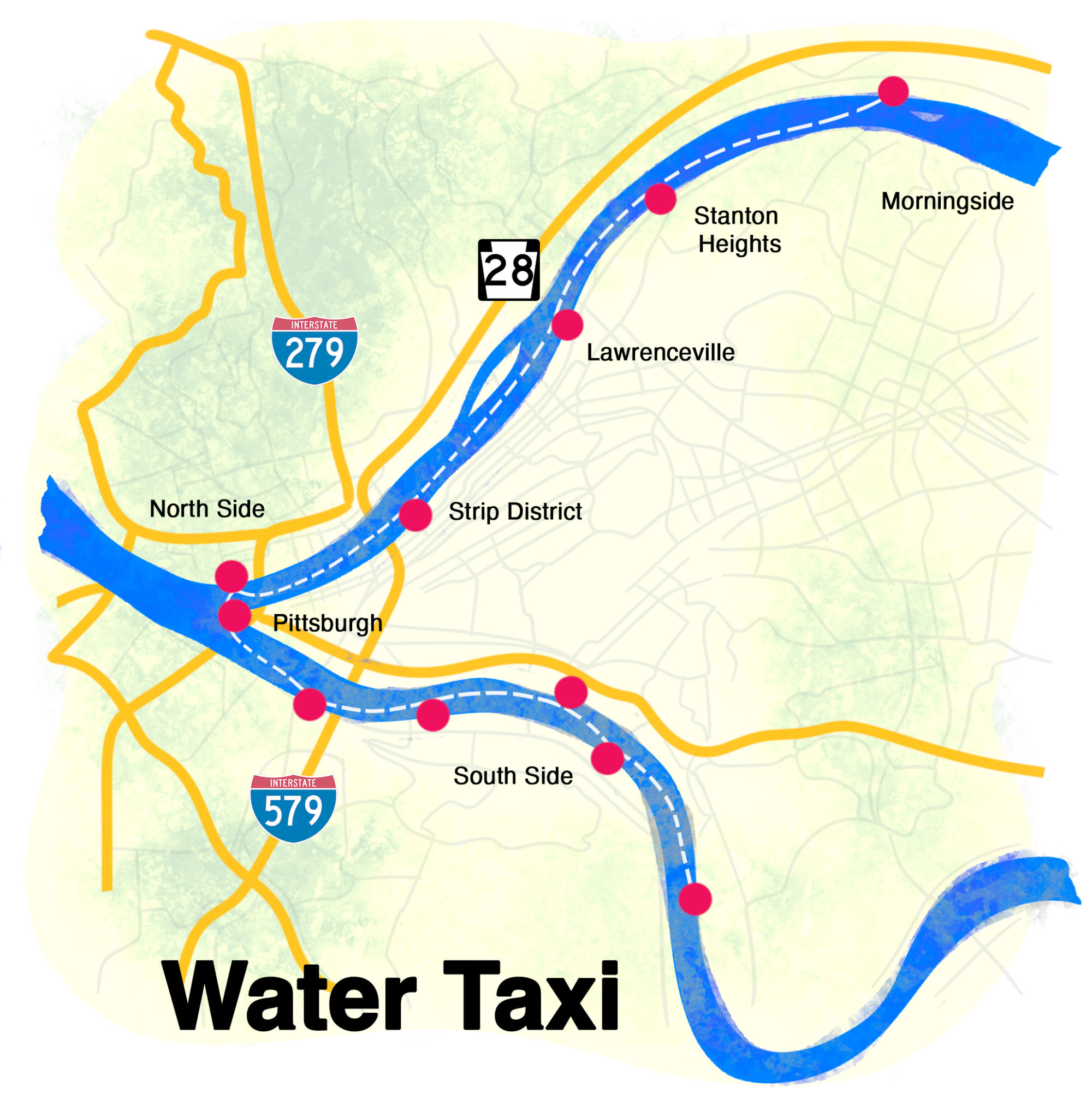 Pittsburgh Three Rivers Boat Mapguide Pittsburgh's Three Rivers are readymade for water taxis connecting ...