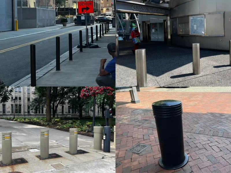 A composite photo of various bollards ranging from simple posts to retractable, illuminated bollars