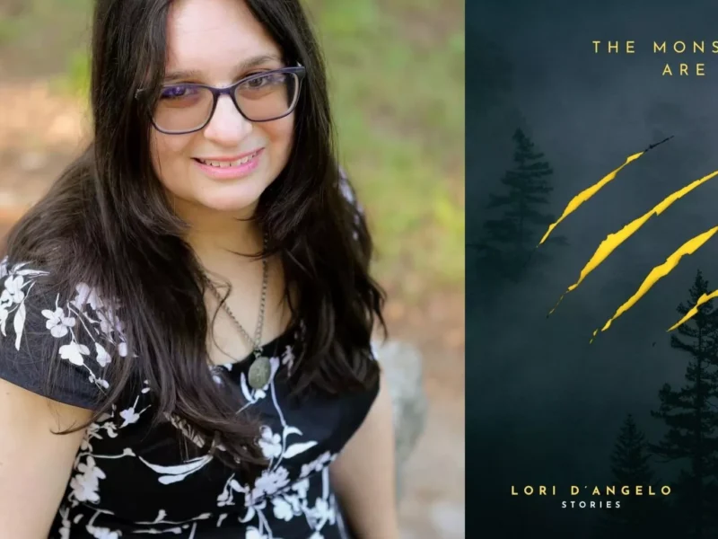 A woman with long dark hair wears glasses, a pendant and a floral dress. Adjacent is an image of a book cover with dark trees and claw marks
