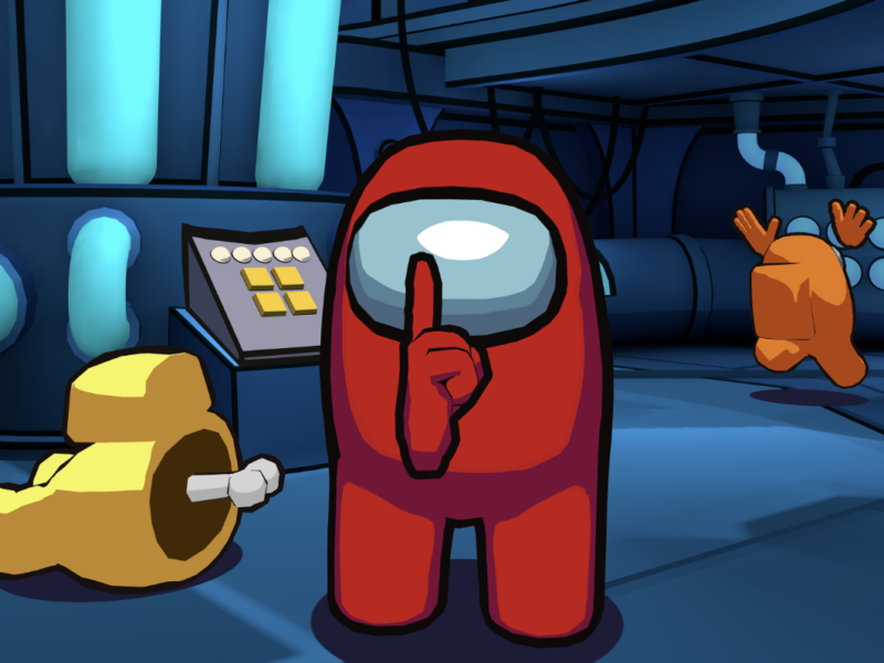 An Among Us character holds up a finger to shush the viewer with a dead character in the background