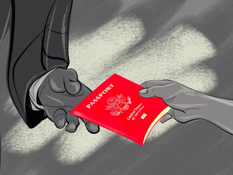 A small black-and-white hand gives a red passport to another hand extending from a suit jacket