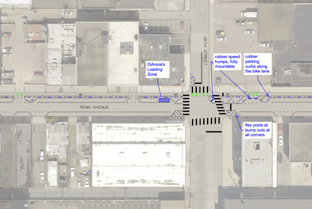A map with superimposed renderings of FlexPosts, curb bumpouts, and rubber barriers along Penn by DiAnoia's