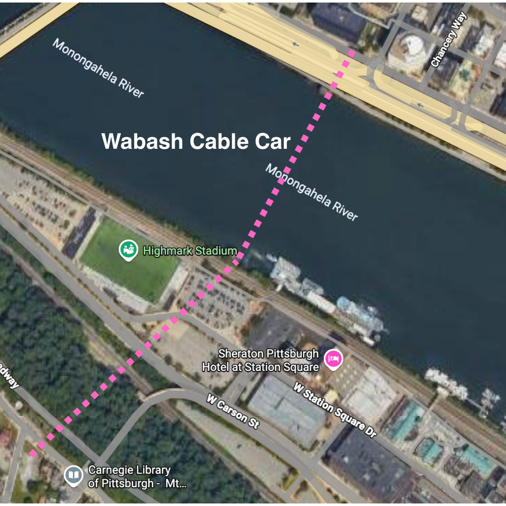 A pink dotted line tracing a route from Downtown to Mt. Washington