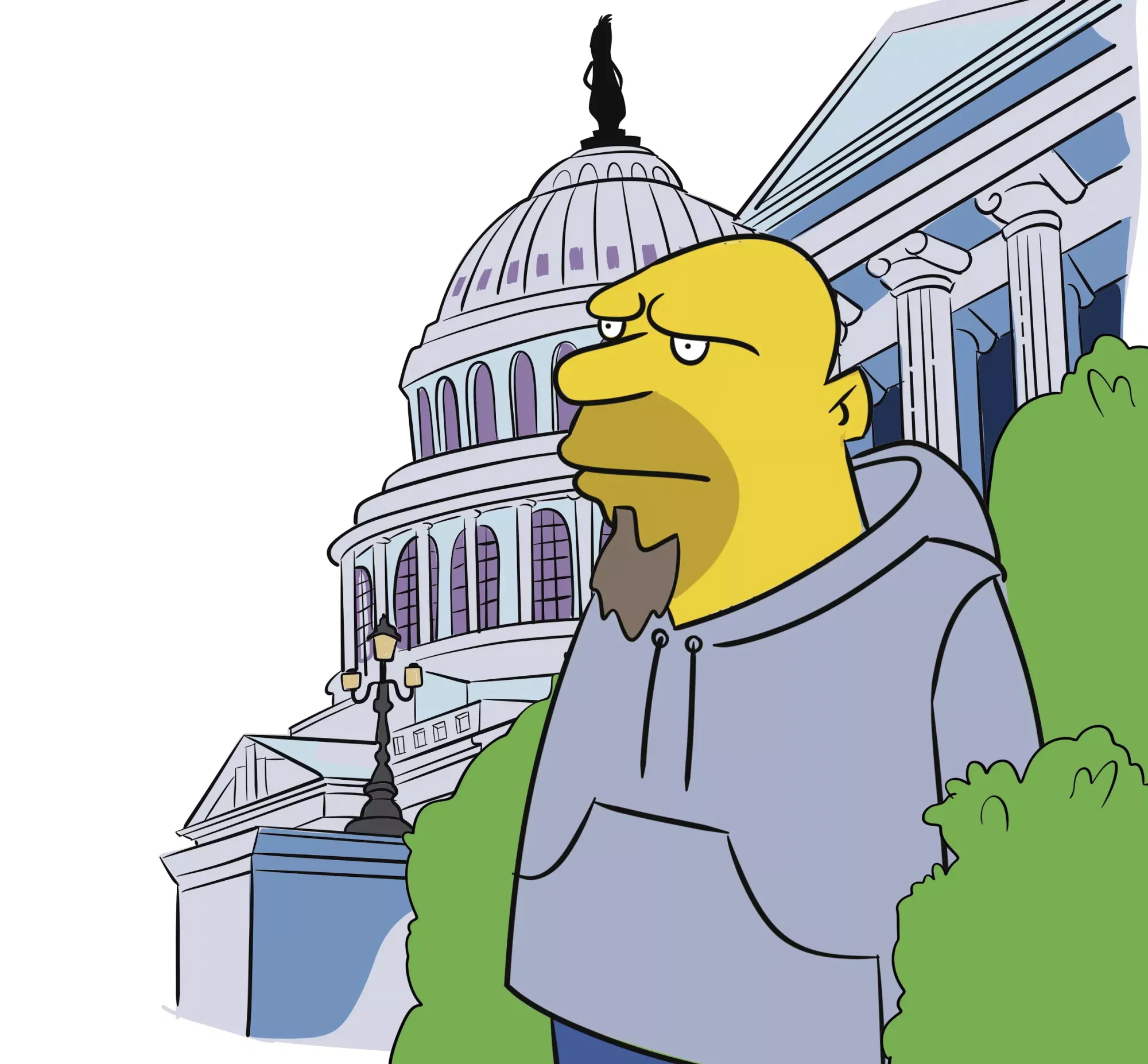 A Simpsons-like illustration of John Fetterman disappearing into bushes at the US Capitol