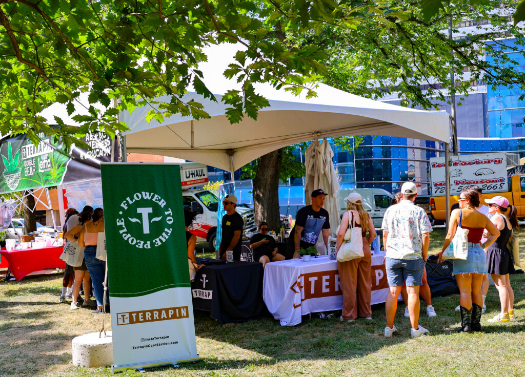 A tent prominently advertising Terrapin medical marijuana